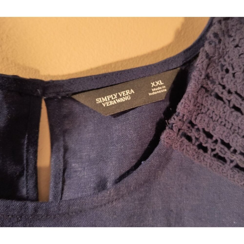 Simply Vera Vera Wang XXL Womens Navy Sleeveless Crochet Trim Blouse Linen Blend - Picture 2 of 6